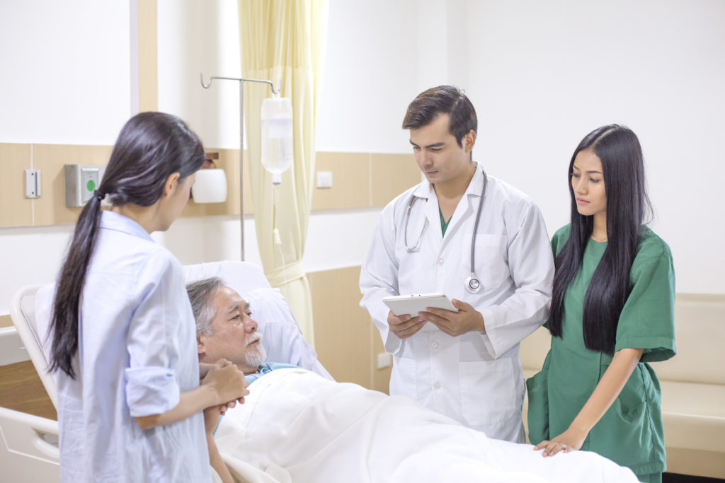 Doctor and team visit to elderly patient at hospital room. Healthcare and medical concept.